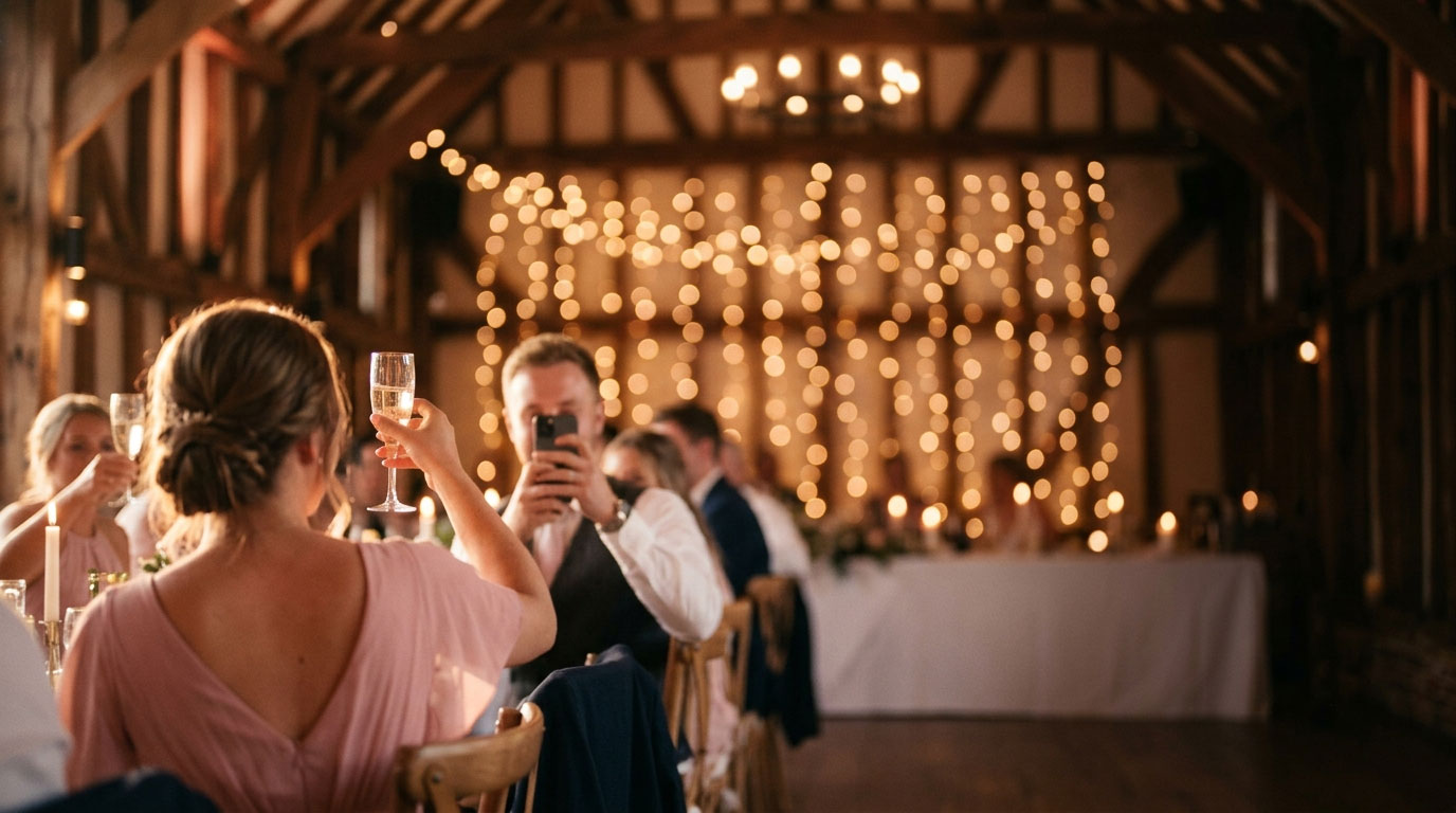 Hochzeitsgesellschaft in warm beleuchteter Scheune – ein Gast fotografiert den Moment mit dem Smartphone