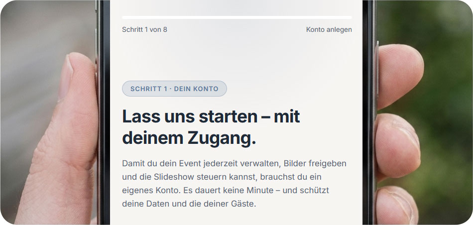 Nahaufnahme eines Smartphones mit dem ersten Schritt der Evendo-Einrichtung
