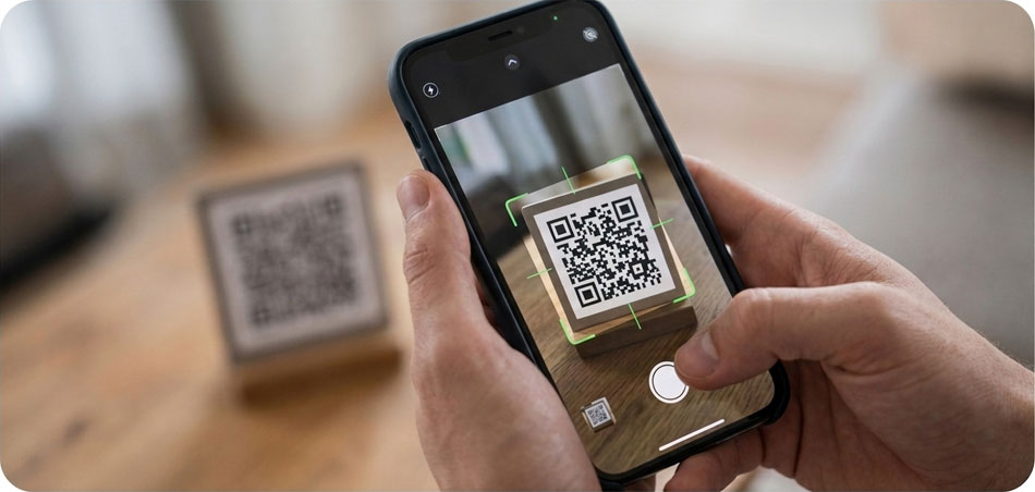 Gast scannt einen QR-Code mit dem Smartphone, um die Evendo-App zu öffnen