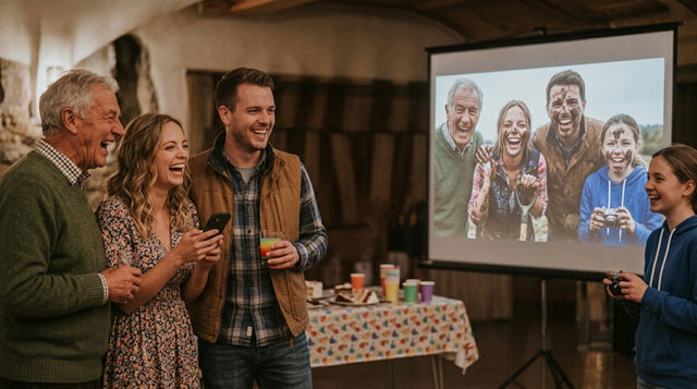 Feiernde Gäste blicken auf eine große Leinwand mit einem Live-Foto der Slideshow